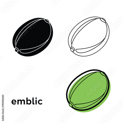 Emblic fruit icons collection with black silhouette outline and color versions