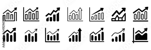 Growth icon set. Containing arrow up, growing graph, business chart icons. Vector illustration.