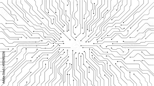 Digital circuit board background showcasing white electronic patterns. Vector tech design with semiconductor lines, motherboard elements, and modern circuitry composition. Digital vector illustration