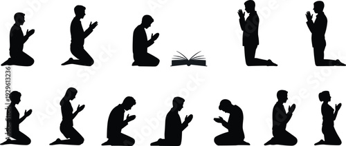 Muslim people praying silhouette collection with Quran, Islamic prayer positions for Ramadan and Eid flat vector illustration set