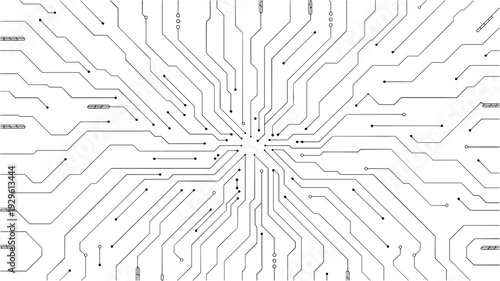 White electronic motherboard pattern with digital lines and connections. Abstract tech background featuring semiconductor design, futuristic elements, and modern circuitry layout. Digital illustration