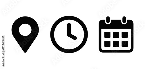 Calendar, clock, and location pin icons. Time, date, and address icon vector set for events, banner, poster, meeting, agenda, invitation and business cards