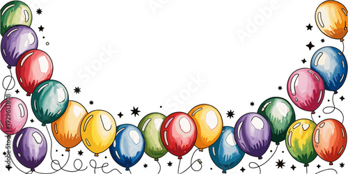 banner. frame hand drawn cartoon watercolor balloons symbols of party. design holiday greeting card and invitation of holidays background