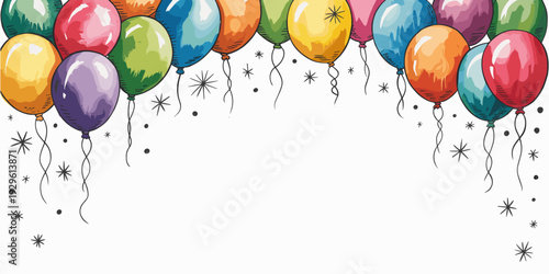 banner. frame hand drawn cartoon watercolor balloons symbols of party. design holiday greeting card and invitation of holidays background
