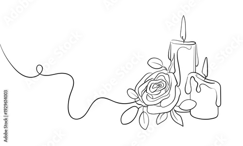 Minimalist continuous line art of a rose and 2 burning candles, floral sympathy or romantic flame sketch. Wedding decor. Vector illustration
