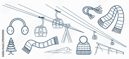 Hand drawn doodle ski essentials collection. Winter activities