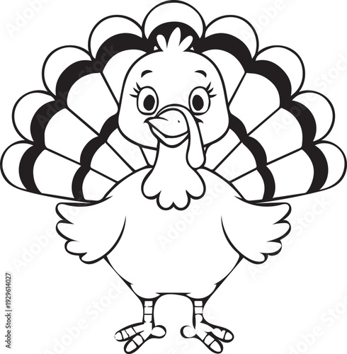 Cartoon Turkey Line Art with Fanned Tail Feathers – Thanksgiving Coloring Illustration