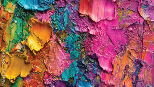 Thick layers of vibrant paint create an abstract artwork reminiscent of a sunset. The colors blend into each other forming a visual harmony of blues pinks and golds.