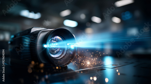 Close-up of a high-end projector lens emitting a bright blue beam towards a screen, AV Solutions at Work, dust particles dancing in the light, dark exhibition hall atmosphere, prof