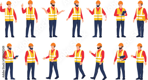 Construction Worker Vector Character Set with Safety Vests, Orange Helmets, Professional Engineers, Builders, Contractors, Site Managers, and Maintenance Staff in Various Poses