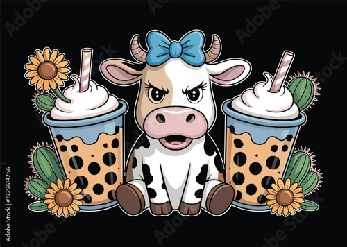 Cute Cow with Bubble Tea Drinks Illustration – Kawaii Farm Animal Cartoon
