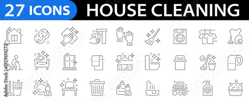 House cleaning icon set. Cleaning service icons. Hygiene icon collection. Editable stroke. Vector illustration