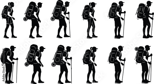 Hiker silhouettes collection, backpackers trekking with walking sticks and travel gear, outdoor adventure vector illustration set