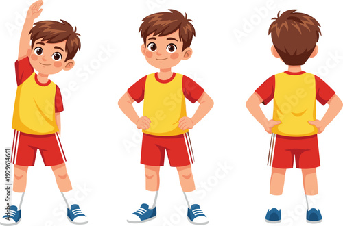 Cute Boy Character Doing Warm-Up Exercises and Fitness Poses in Sportswear, Cartoon Illustration Set Isolated on a White Background for Kids.