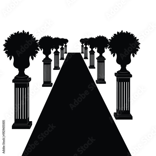 Aisle with flower urns and pedestals for ceremony entrance in black silhouette