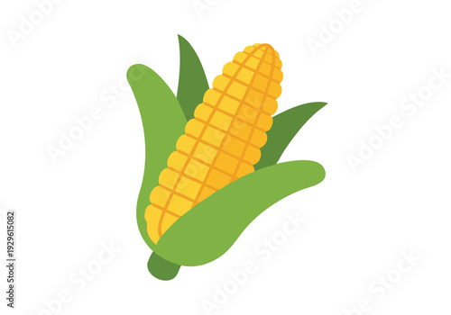 A close-up, stylized illustration of a ripe ear of corn, showcasing its golden kernels and green husks in a vibrant and appealing presentation