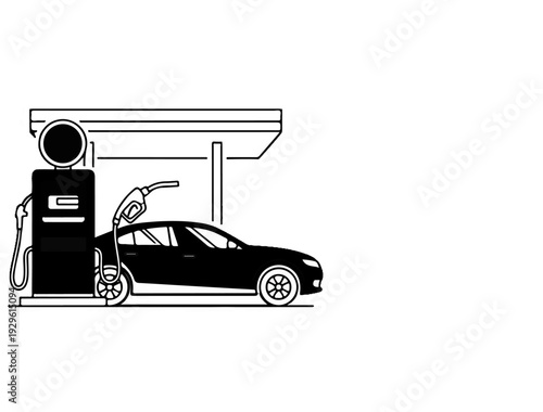 A black car is being refueled at a gas station with a nozzle inserted