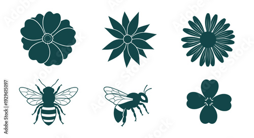 Beautiful Botanical Flower and Bee Silhouette Vector Icons Set Nature Elements Design