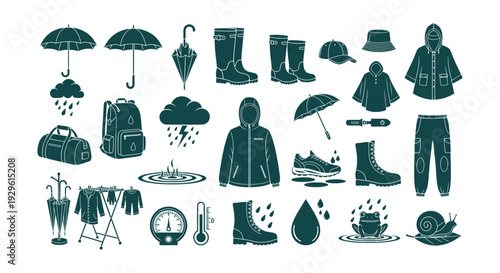 Comprehensive Rain Weather Essentials Vector Icons Collection Waterproof Clothing and Outdoor Gear