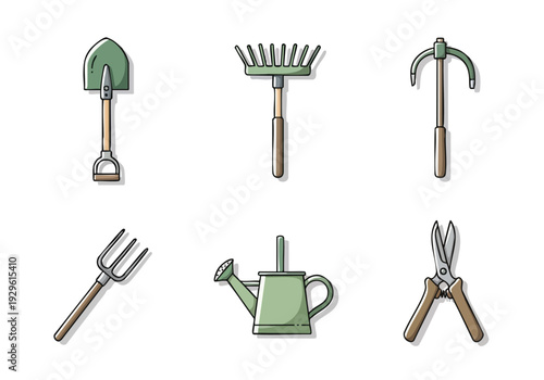 Collection of gardening tools including a shovel, rake, hoe, pitchfork, watering can, and pruning shears