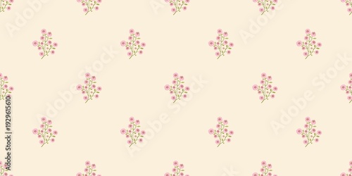 Minimalist seamless watercolor pattern with small pink flower branches on a soft yellow background. Delicate hand-drawn floral design for nursery textiles, wallpaper, and wrapping paper.