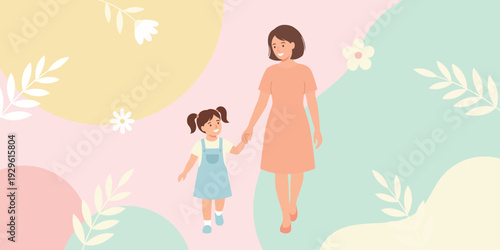 Happy Mother and Daughter Walking Together Hand in Hand in Pastel Floral Setting