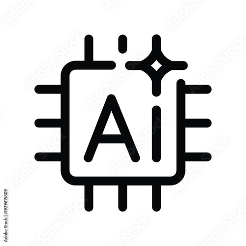 Simple outline vector icon of artificial intelligence microchip. Letters Ai in the center, star symbol replacing dot over i. Perfect for machine learning concepts, technology graphics, UI design