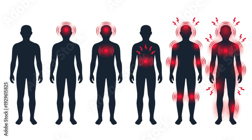 Human body pain map illustrating different areas of discomfort and inflammation on a silhouette