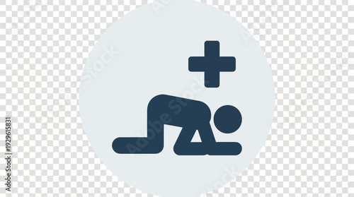 Healthcare support icon depicting a person kneeling with a plus sign symbolizing assistance and care