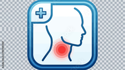 Medical icon illustrating a human profile with a highlighted throat, symbolizing pain or discomfort in the neck area for health awareness
