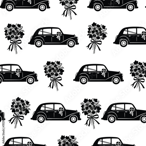 Wedding seamless pattern with black vintage car and big flower bouquets on transparent background