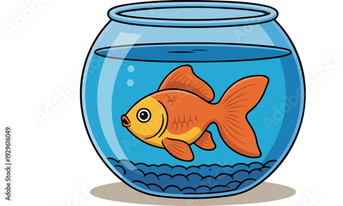 Adorable Orange Goldfish Swimming in Clear Round Fish Bowl Hand Drawn Vector Illustration