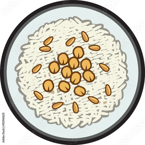Rice Pilaf Topped with Pine Nuts on Plate Top View Illustration