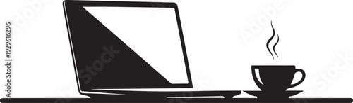 Laptop computer and steaming cup of coffee on table in simple silhouette design