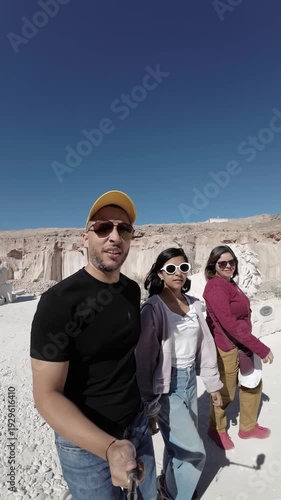 Tourist group walking through Sillar quarries in Arequipa Peru