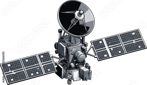 Detailed illustration of a communication satellite with solar panels and dish antenna isolated on white for space technology and global connectivity.