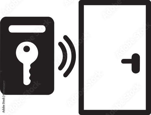 Key card access to a closed door, security concept icon with radio waves symbolizing entry and authorization for buildings and rooms.