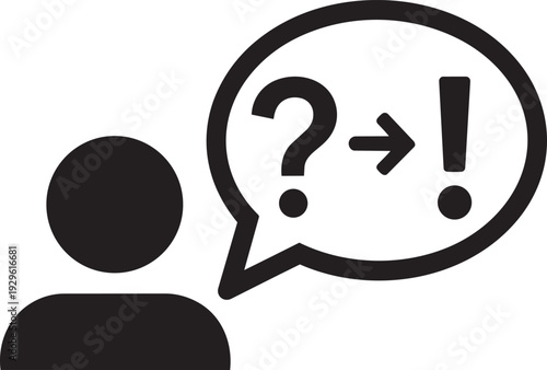 Person with a thought bubble containing a question mark and an arrow pointing to an exclamation mark, representing confusion to clarity.