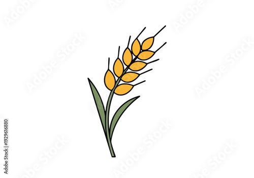 A stylized illustration of a single ear of wheat with green leaves, symbolizing agriculture and harvest