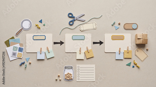 Subscription Audit Template, Handmade Paper Cut Craft Flat Lay, Detect to Optimize Workflow With Blank Labels and Copy Space, No Text Budget Diagram.