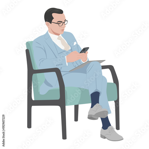 Businessman sitting in chair checking smartphone for communication
