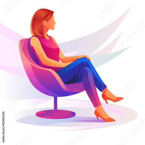 Woman sitting in modern chair relaxing or waiting
