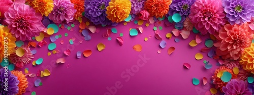 A colorful flower arrangement with a pink background