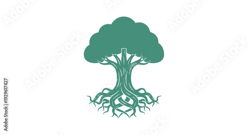 Tree with roots and green leaves.