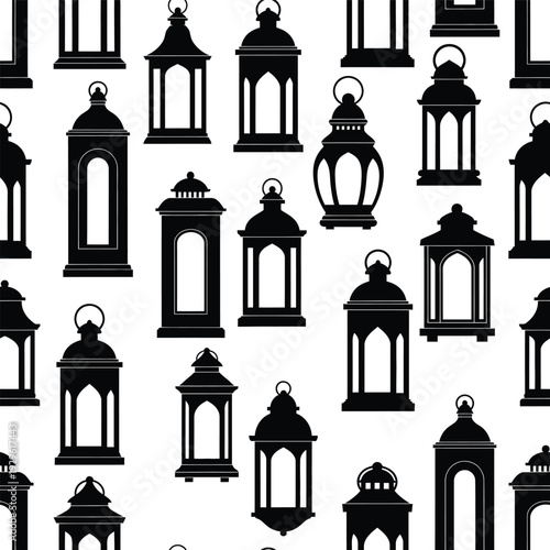 Seamless pattern with black classic lanterns on transparent background for design