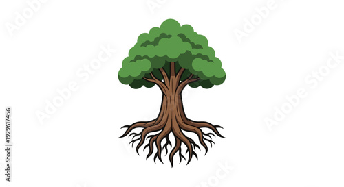 Tree with Visible Roots and Green Leaves.