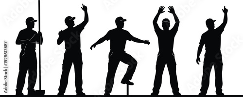 Industrial worker silhouette set, construction laborer signaling and holding tools, safety gesture poses vector illustration collection