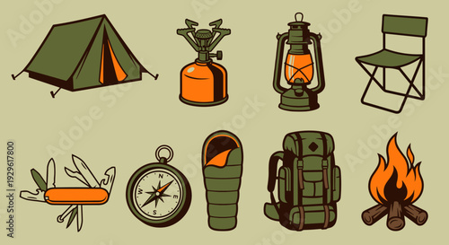 Outdoor camping and hiking equipment icons set featuring tent, stove, lantern, compass, and backpack for adventure and wilderness recreation design.