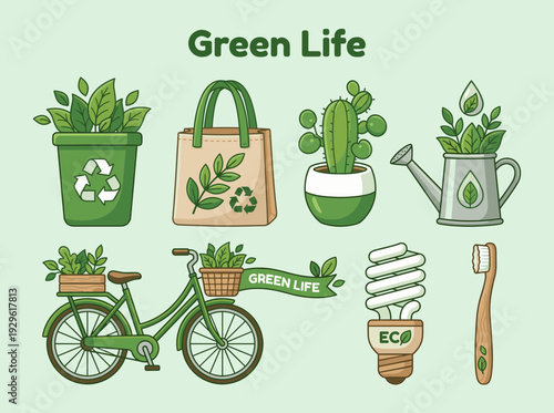 Green life and environmental sustainability icons set featuring recycling, gardening, and eco friendly lifestyle elements for ecology protection design.