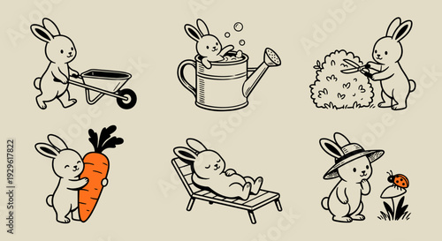 Cute rabbit character gardening set with bunny pushing wheelbarrow, taking bath in watering can, trimming bushes, holding carrot and relaxing on lounge chair